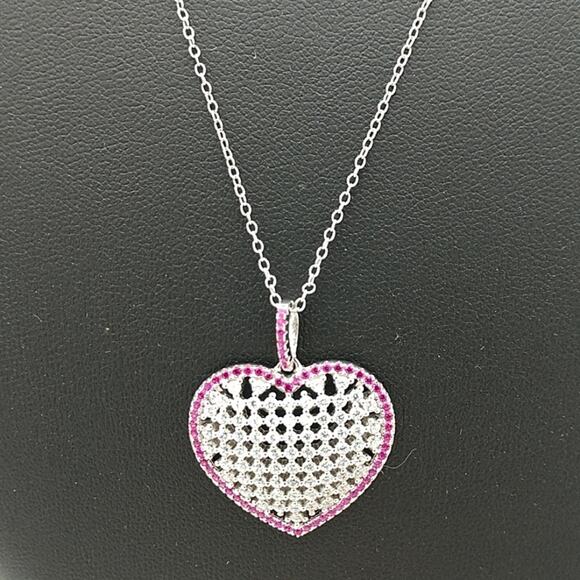 Genevieve 14K Plated Silver CZ with Pink Outline Heart Necklace - Picture 1 of 3